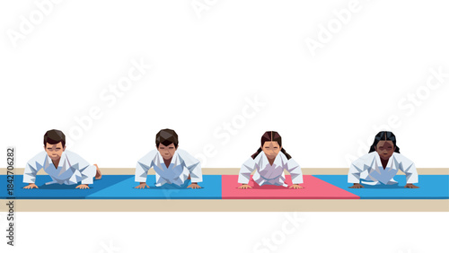 Children practicing karate: group exercise on mats in martial arts class setting