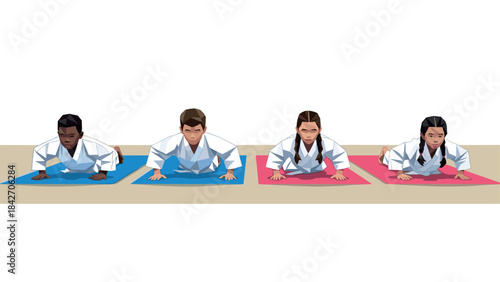 Children practicing judo in uniforms on mats - colorful flat design