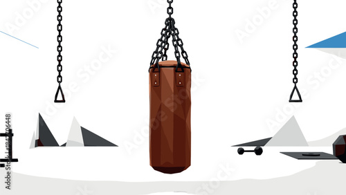 Geometric gym: hanging punching bag with minimalist background