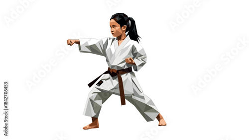 Geometric karate fighter in action with brown belt on white background