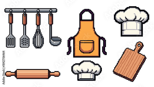 Pixel art kitchen tools and accessories set with apron and chef hat