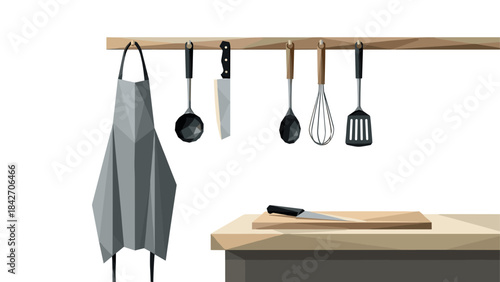 Modern kitchen tools and utensils on wooden hang rail