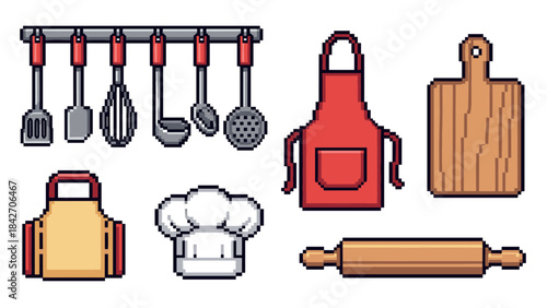 Pixel art kitchen utensils set including aprons, chef hat, and cooking tools
