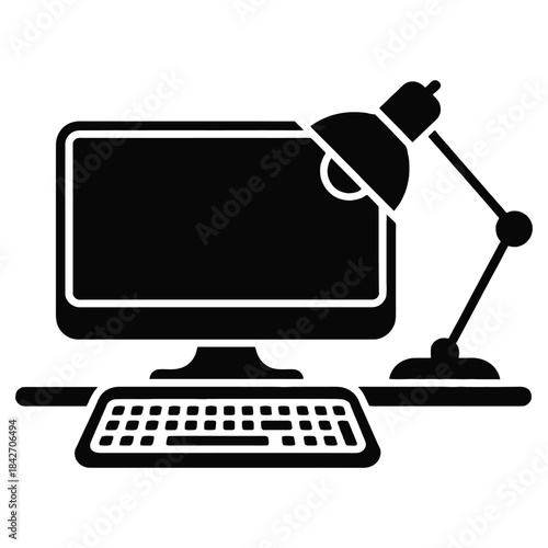 Black silhouette computer setup with desktop monitor keyboard and desk lamp workspace icon, modern technology office equipment isolated on transparent background