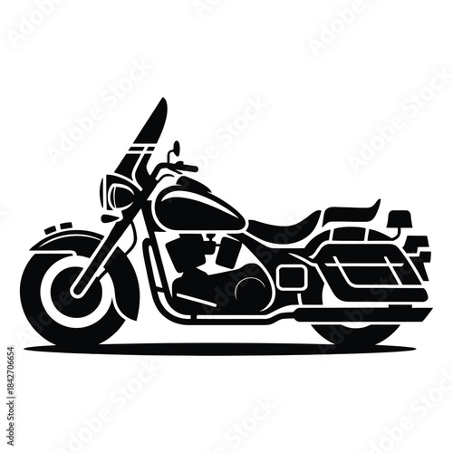 Black silhouette motorcycle vehicle side view graphic design element, retro classic cruiser motorbike transport, engine wheels handlebars isolated on transparent background