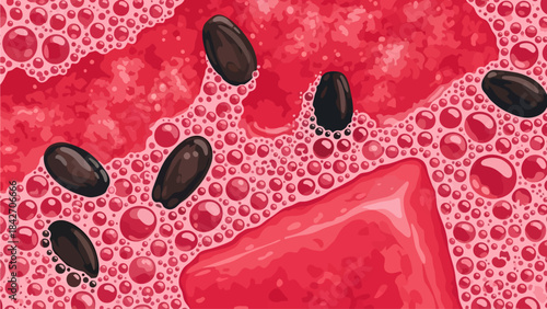 Glossy black seeds drift through a frothy expanse of vibrant pink bubbles and a succulent fruit chunk, capturing the refreshing essence of blended watermelon juice in a stylized close-up view
