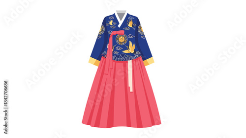 Vibrant traditional korean dress with intricate blue and pink design