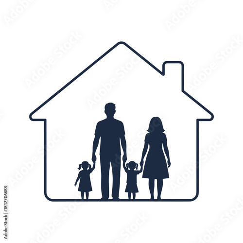 Happy family standing together inside house silhouette