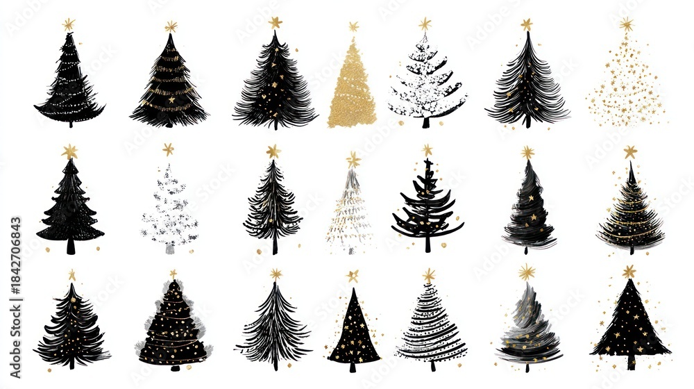Obraz premium Christmas tree hand drawn illustrations, vector, black silhouettes with gold stars on white background