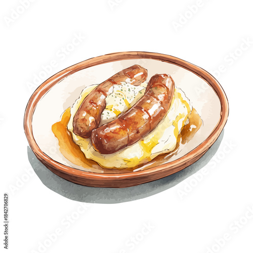 Isometric watercolor graphic of Bangers And Mash, neatly isolated on white background.