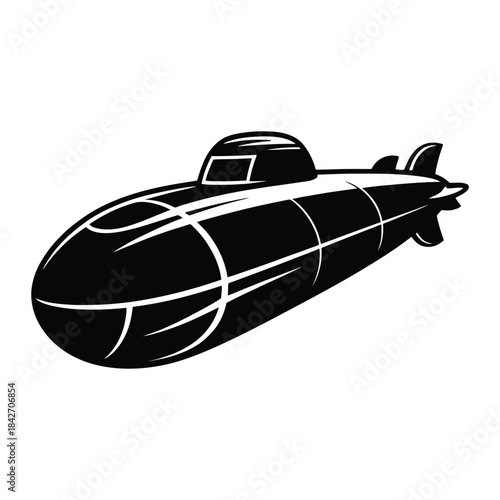 Black silhouette of a modern submarine on a transparent background, detailed vector illustration of an underwater vessel for exploration and travel