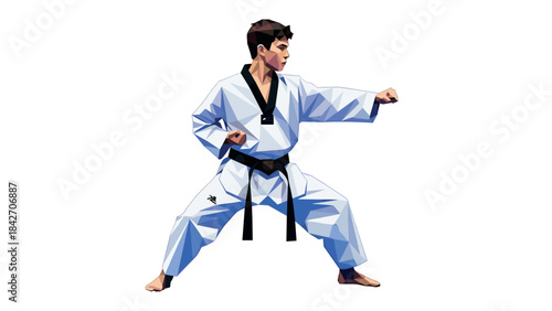 Low poly martial artist in action pose wearing a white karate gi and black belt