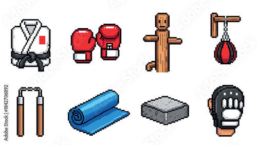 Pixel art martial arts equipment icons: karate, boxing, wing chun, and fitness gear