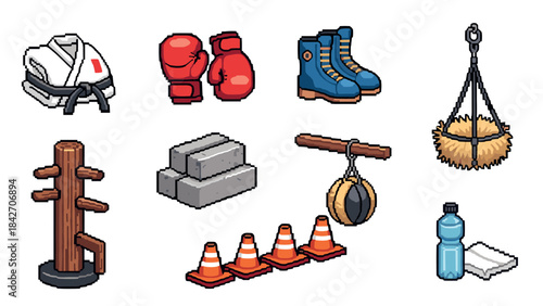 Collection of pixel art martial arts and sports equipment icons with vintage style