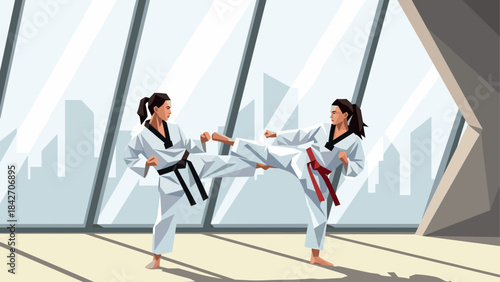 Karate practitioners sparring in modern interior with cityscape view