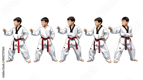 Taekwondo practice with kids in white uniforms and red belts in low poly art style