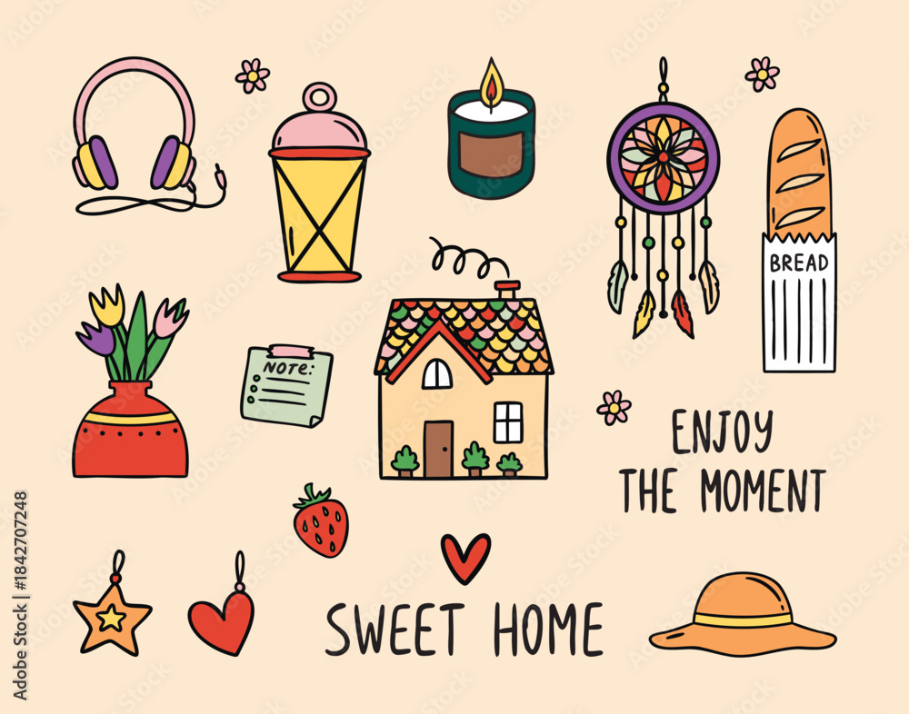 Obraz premium Sweet Home cozy fireplace set with hearth, firewood and candles, cozy hand drawn doodle style