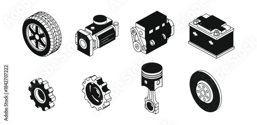 Isometric automotive components illustration set
