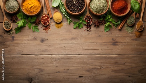 Assortment of colorful spices and herbs in wooden bowls and spoons arranged on a rustic wooden table perfect for culinary themes and food photography backgrounds