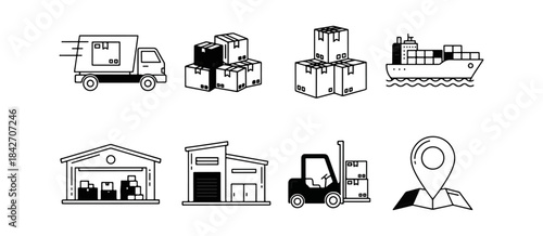 Logistics and shipping icons set on black background