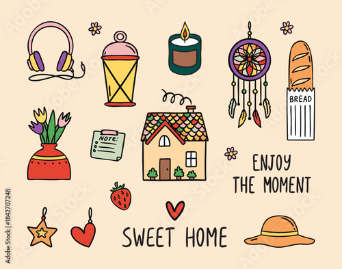 Sweet Home cozy fireplace set with hearth, firewood and candles, cozy hand drawn doodle style