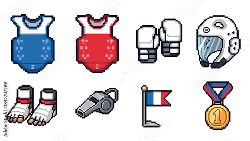 Pixel art taekwondo icons: gear, medal, flag, and whistle