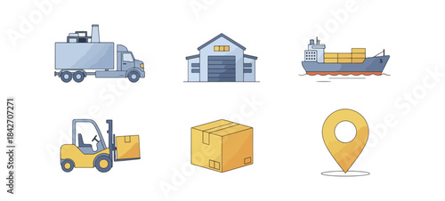 Logistics and shipping icons set on black background