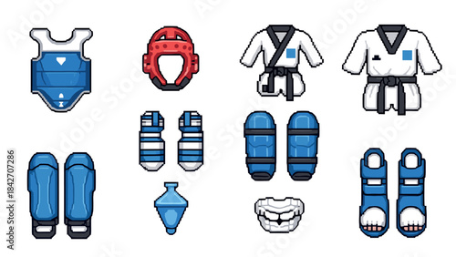 Pixel art martial arts gear set: essential uniforms and protective equipment