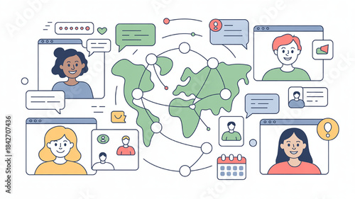 Global communication network illustration people connecting worldwide via video calls and messages concept for remote work and social media