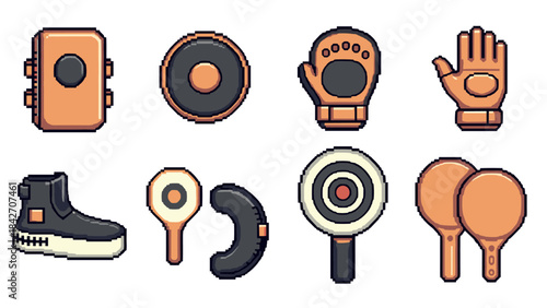Retro gaming style sports gear icons for fitness enthusiasts