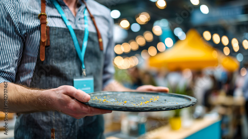 Server holding a nearly empty plate with remnants of seasoning at an event. Focus on the plate and bokeh lights add a festive backdrop.