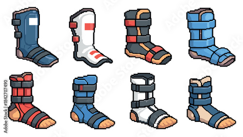 Pixel art style orthopedic boots collection in various designs and colors
