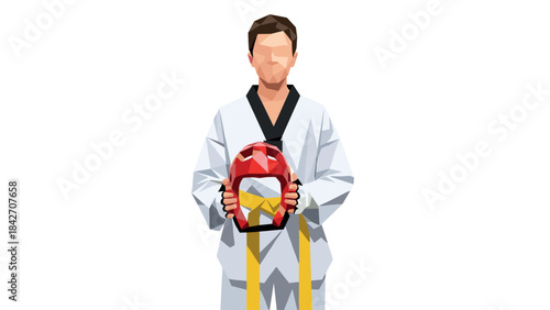 Polygonal taekwondo athlete holding helmet in martial arts uniform