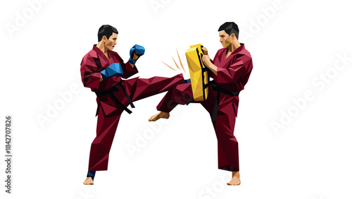 Low poly martial arts training with two fighters in red uniforms