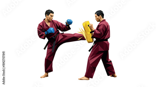 Geometric martial arts training: dynamic kick and defense in low poly style