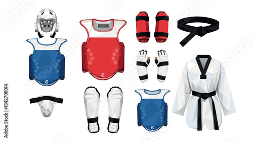 Martial arts gear collection: protective equipment and uniform set