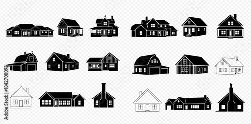 Collection of various house silhouettes and outlines, depicting different architectural styles and residential buildings.