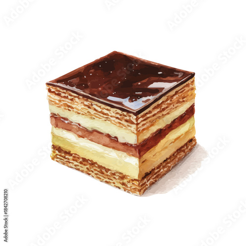 Artistic isometric watercolor image of Opera Cake, isolated on a white surface.