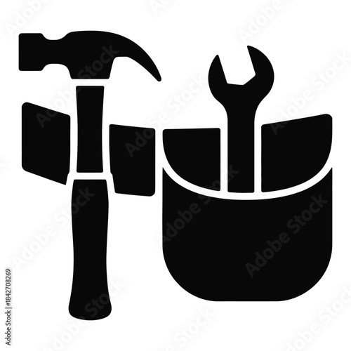 Essential repair tools hammer wrench icon set isolated on transparent background, illustrating hand tools and equipment for construction and maintenance works