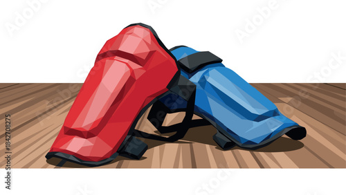 Colorful geometric soccer shin guards on wooden surface