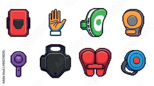 Colorful pixelated set of martial arts and boxing equipment icons
