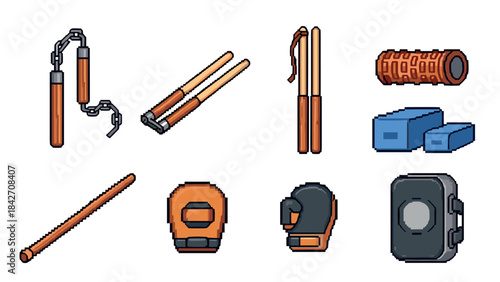 Pixel art martial arts equipment set with nunchucks and boxing gear