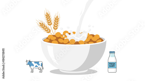 A bowl of cereal with milk and wheat on a with a cow nearby, a common breakfast scene