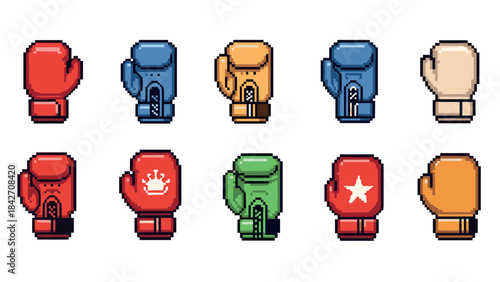 Colorful pixel art boxing gloves collection in retro style
