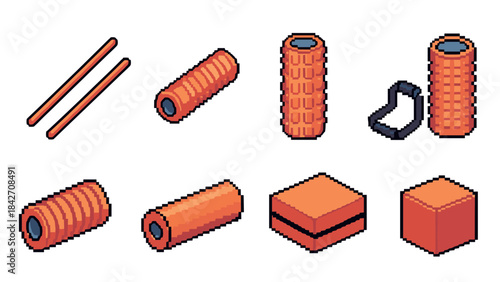 Pixel art foam rollers and fitness equipment collection