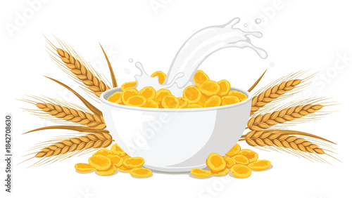 A bowl of cornflakes with milk pouring into it surrounded by wheat 