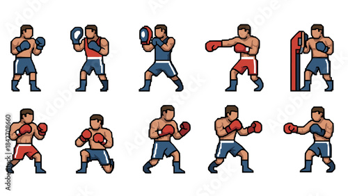 Boxing training poses with colorful cartoon fighters in various stances