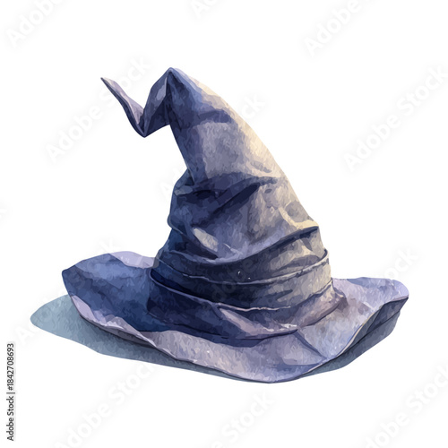 Isometric watercolor rendering of Witch Hat, isolated on a clean white background.