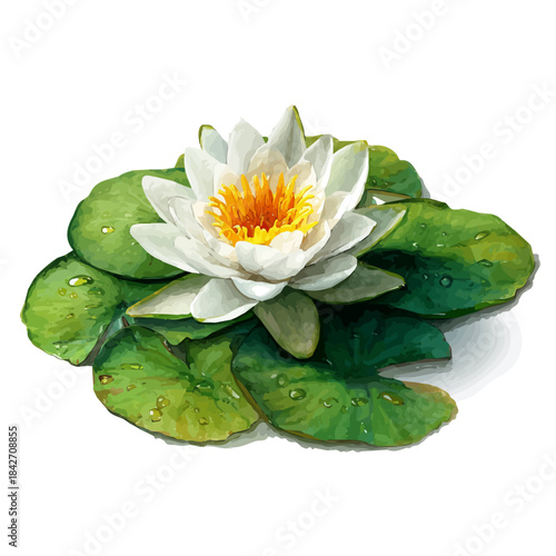 Watercolor isometric vector-style illustration of Water Lily, isolated on white background.