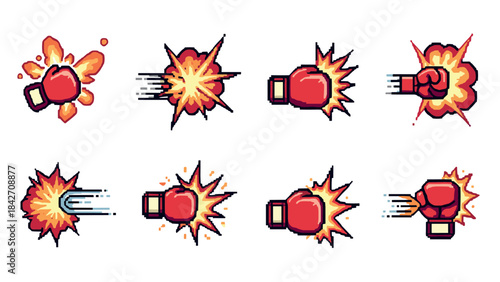 Retro pixel boxing gloves with dynamic punch explosions